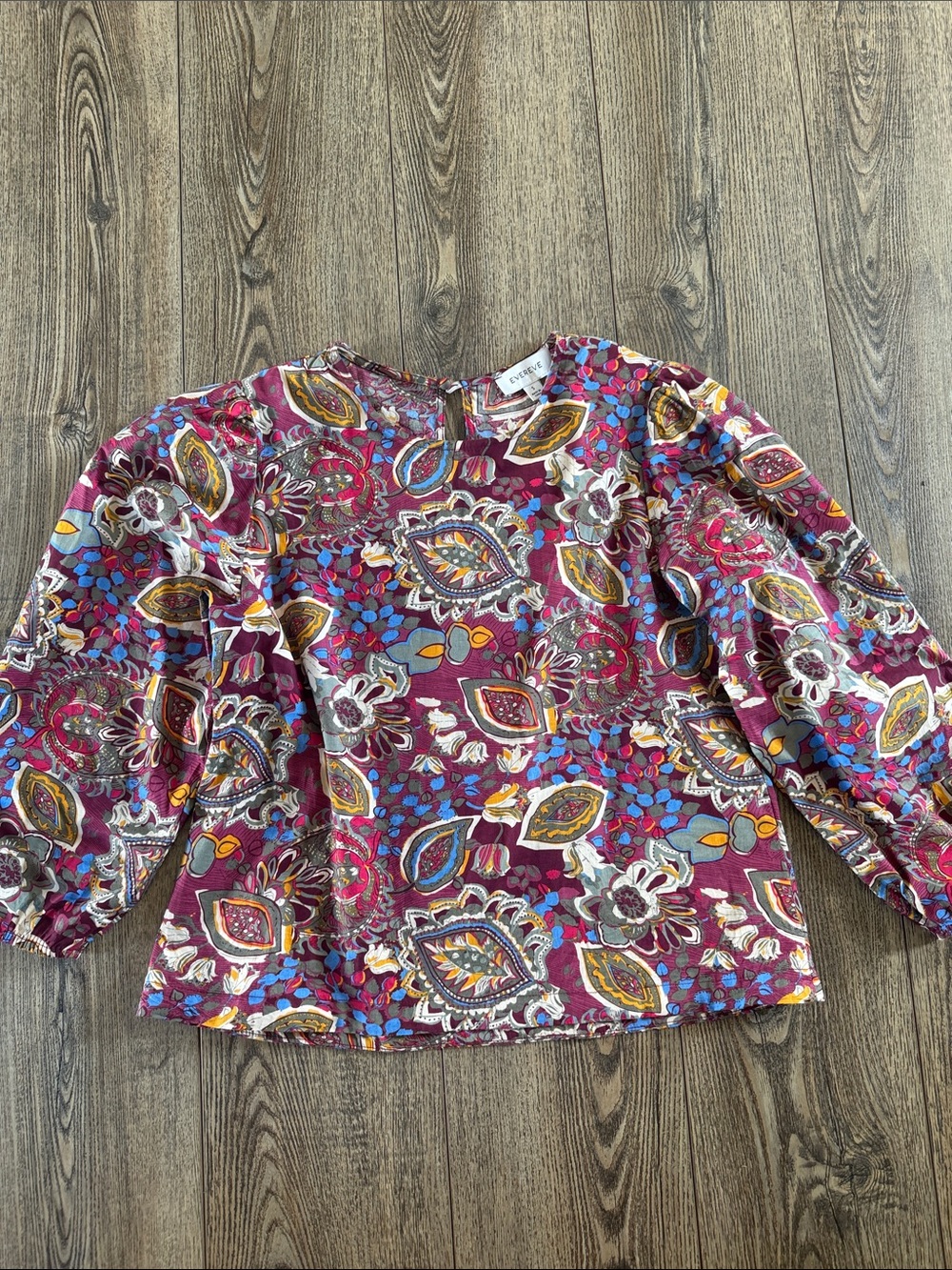 Evereve Burgundy Floral Paisley Long-Sleeve Blouse